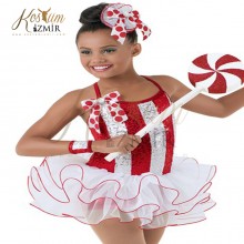 Kırmızı Beyaz Kız Dans Kostümü